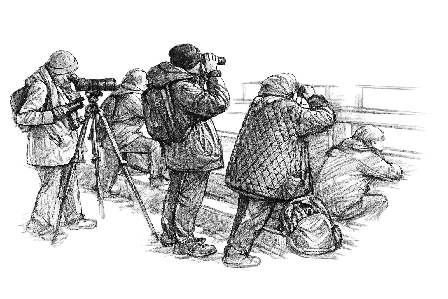 Groupe d’observateurs d’oiseaux dans un observatoire en bois, regardant par les meurtrières avec jumelles et longue-vue sur trépied.